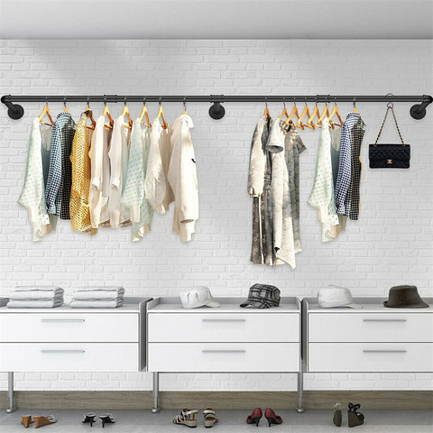 Industrial Iron Pipe Clothes Rail 180cm Vintage Wall Shelf with Hooks - SuperSaverAU - view 1