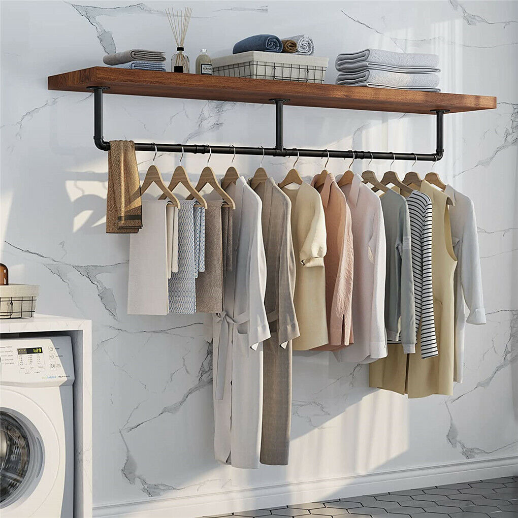 Industrial Iron Pipe Clothes Rail 180cm Vintage Wall Shelf with Hooks - SuperSaverAU - view 3
