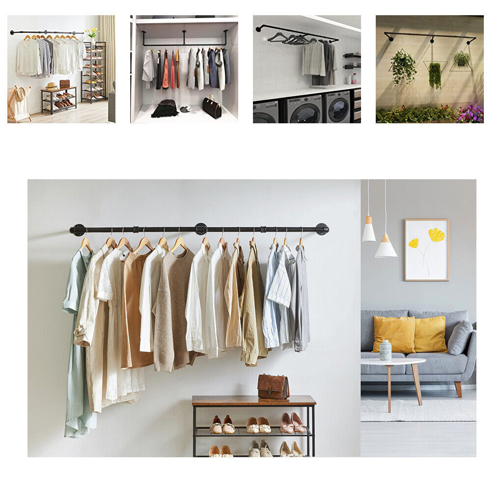 Industrial Iron Pipe Clothes Rail 180cm Vintage Wall Shelf with Hooks - SuperSaverAU - view 8