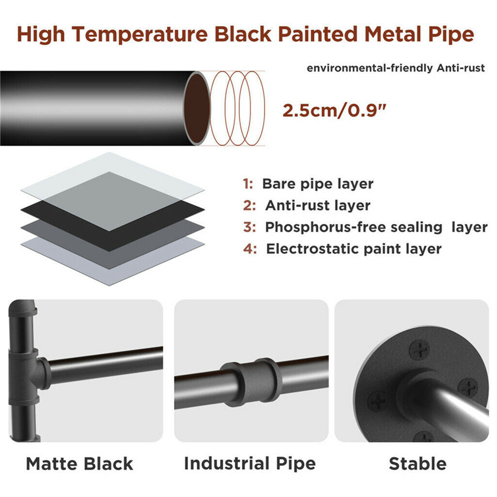 Industrial Iron Pipe Clothes Rail 180cm Vintage Wall Shelf with Hooks - SuperSaverAU - view 9