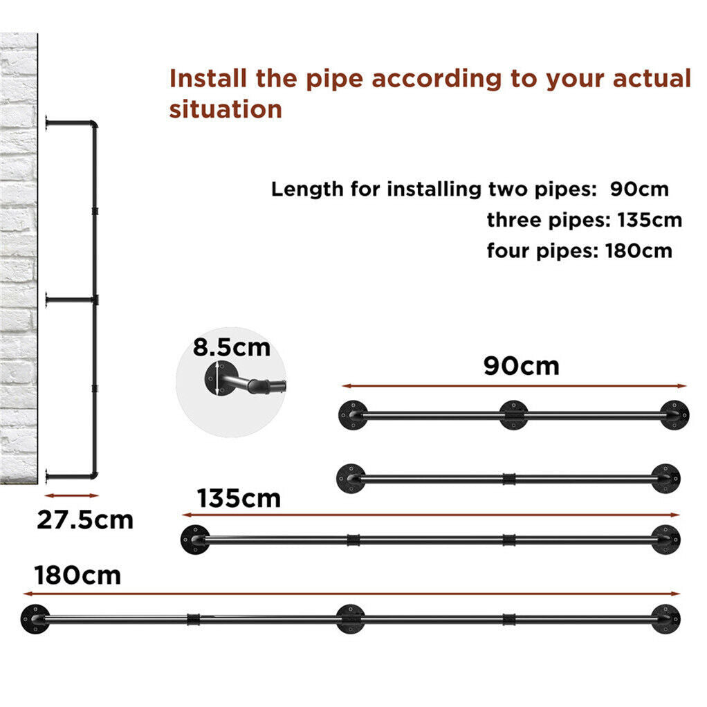 Industrial Iron Pipe Clothes Rail 180cm Vintage Wall Shelf with Hooks - SuperSaverAU - view 10