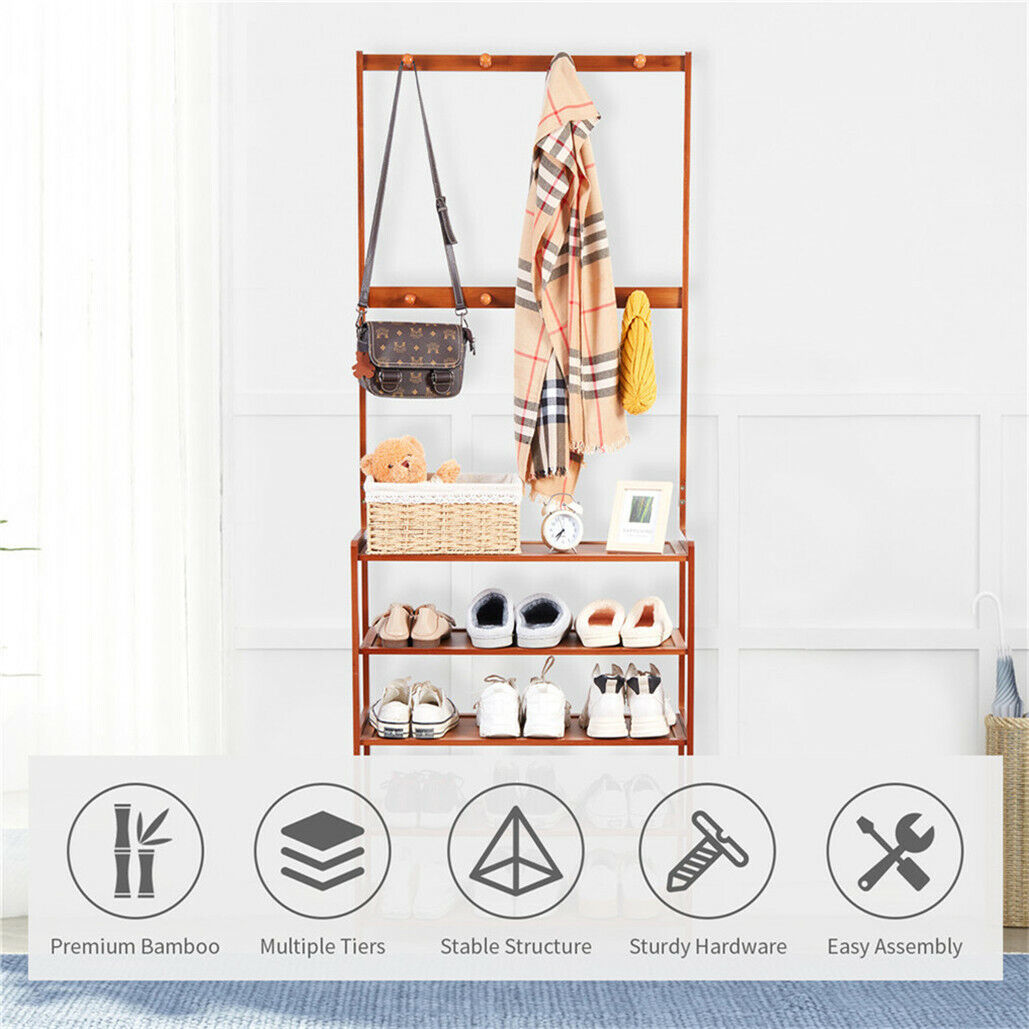 Bamboo 5-Tier Hat Coat Shoe Rack Entryway Bench 69.5x25.5x184.5 cm, Durable Storage - SuperSaverAU - view 2