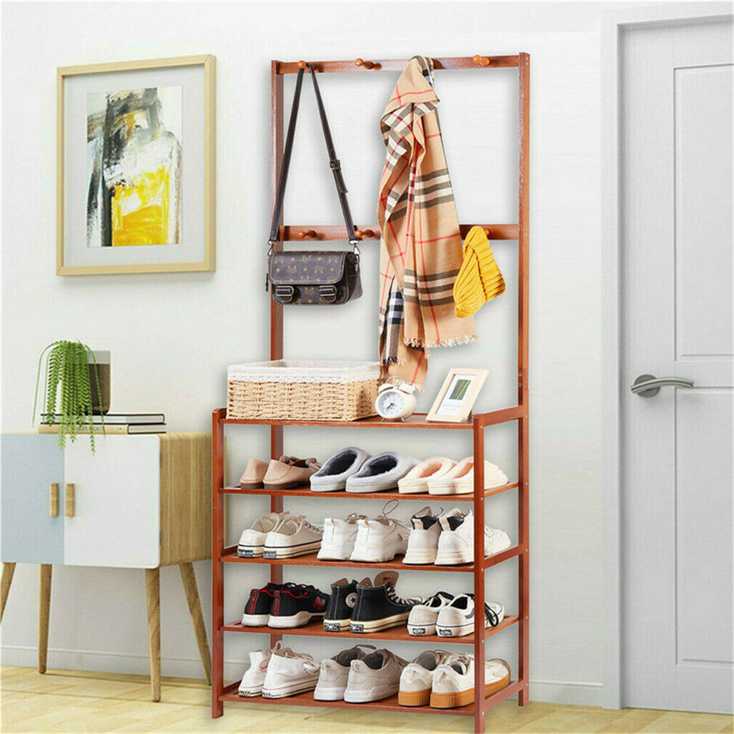 Bamboo 5-Tier Hat Coat Shoe Rack Entryway Bench 69.5x25.5x184.5 cm, Durable Storage - SuperSaverAU - view 5