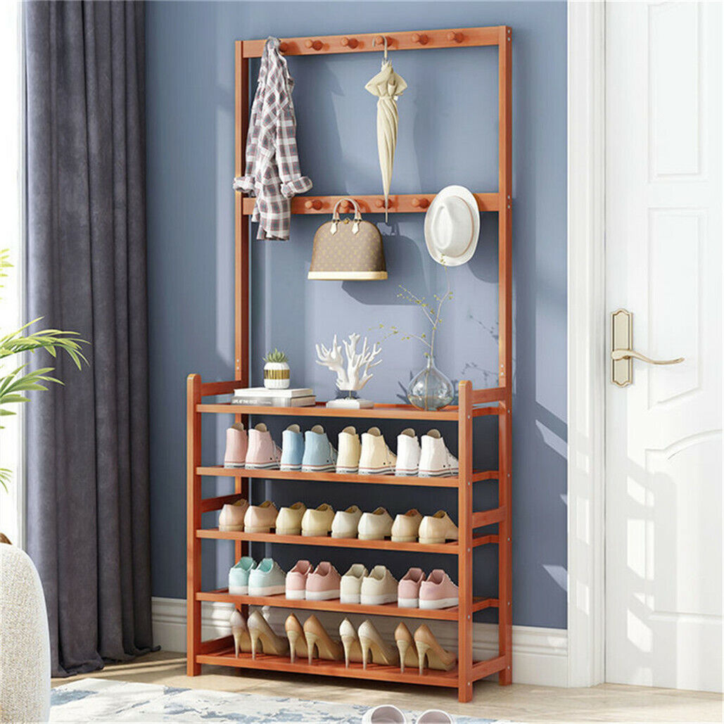 Bamboo 5-Tier Hat Coat Shoe Rack Entryway Bench 69.5x25.5x184.5 cm, Durable Storage - SuperSaverAU - view 6