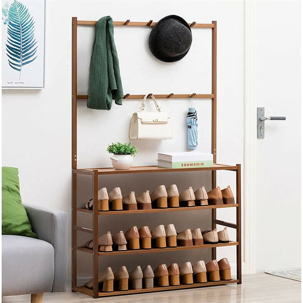Bamboo 5-Tier Hat Coat Shoe Rack Entryway Bench 69.5x25.5x184.5 cm, Durable Storage - SuperSaverAU - view 7