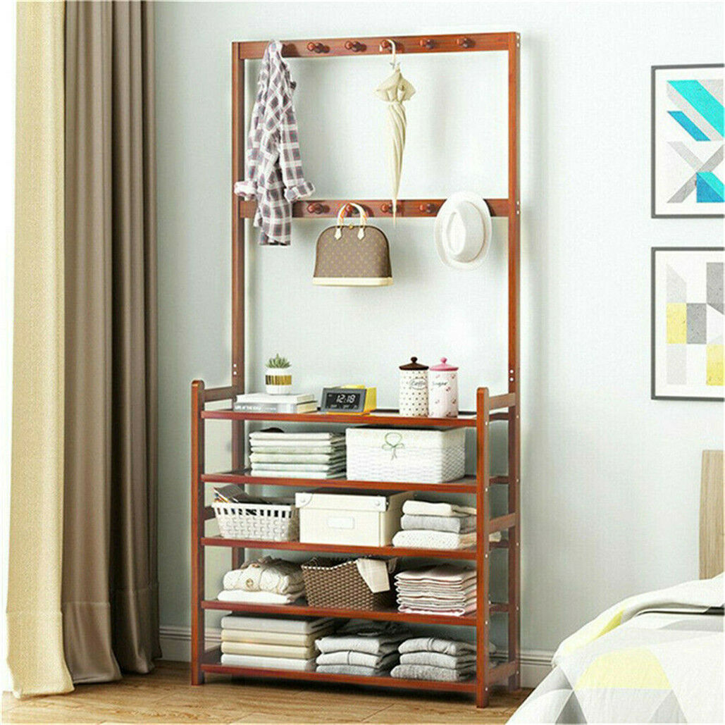 Bamboo 5-Tier Hat Coat Shoe Rack Entryway Bench 69.5x25.5x184.5 cm, Durable Storage - SuperSaverAU - view 8