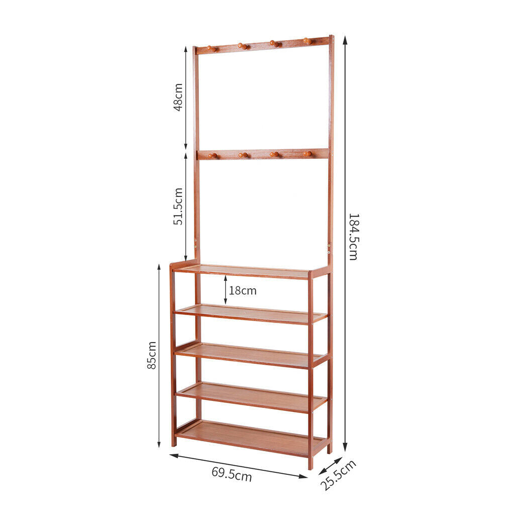 Bamboo 5-Tier Hat Coat Shoe Rack Entryway Bench 69.5x25.5x184.5 cm, Durable Storage - SuperSaverAU - view 9