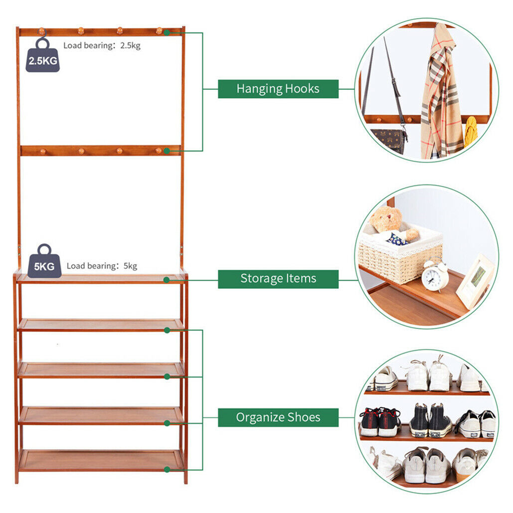 Bamboo 5-Tier Hat Coat Shoe Rack Entryway Bench 69.5x25.5x184.5 cm, Durable Storage - SuperSaverAU - view 10