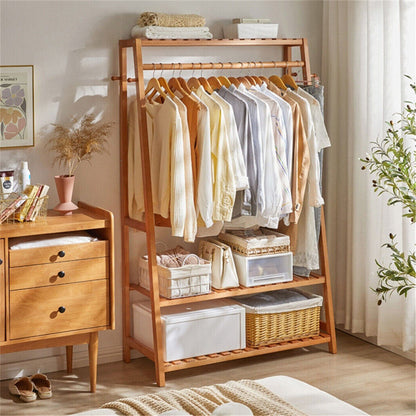 Bamboo Garment Rack Portable Laundry Storage Nature -