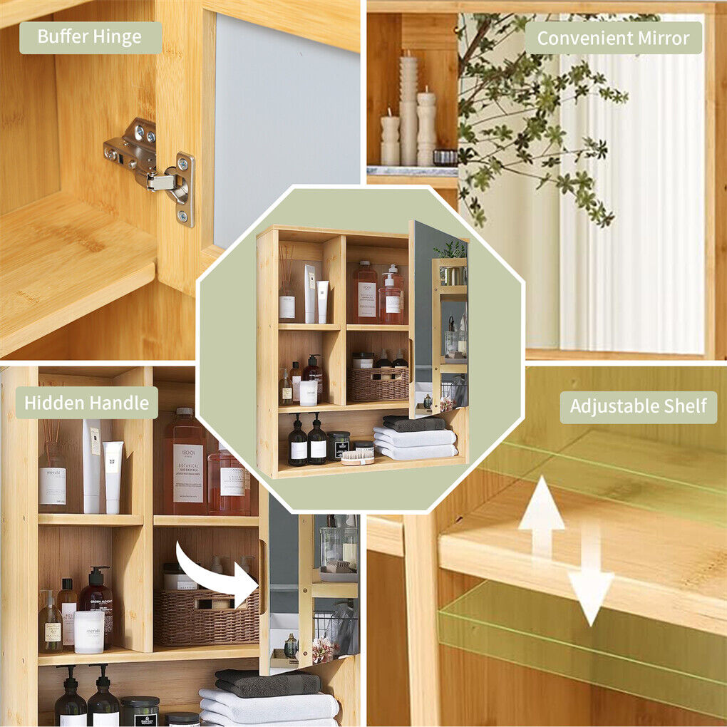 Bamboo Wall Medicine Cabinet - 5 Shelf Mirror 55.5cm - SuperSaverAU - view 10