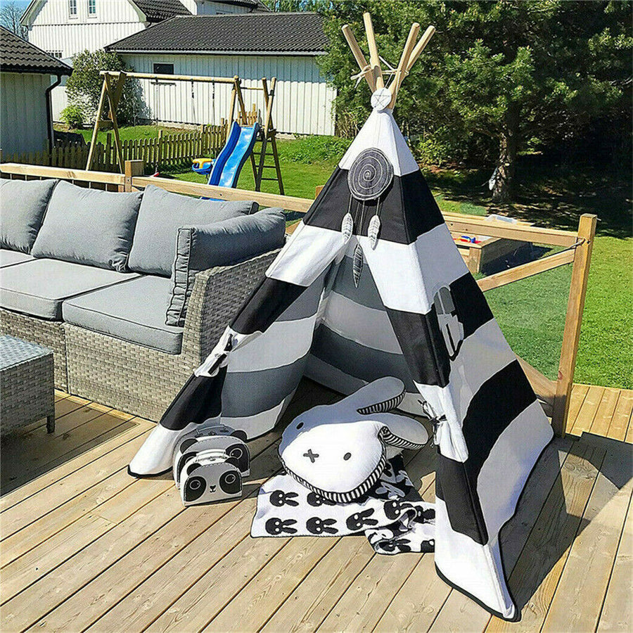 Kids Teepee Tent Linen Playhouse with Black and White Stripes - SuperSaverAU - view 1