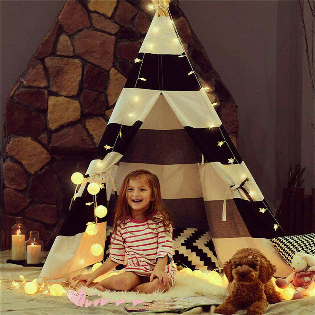 Kids Teepee Tent Linen Playhouse with Black and White Stripes - SuperSaverAU - view 2