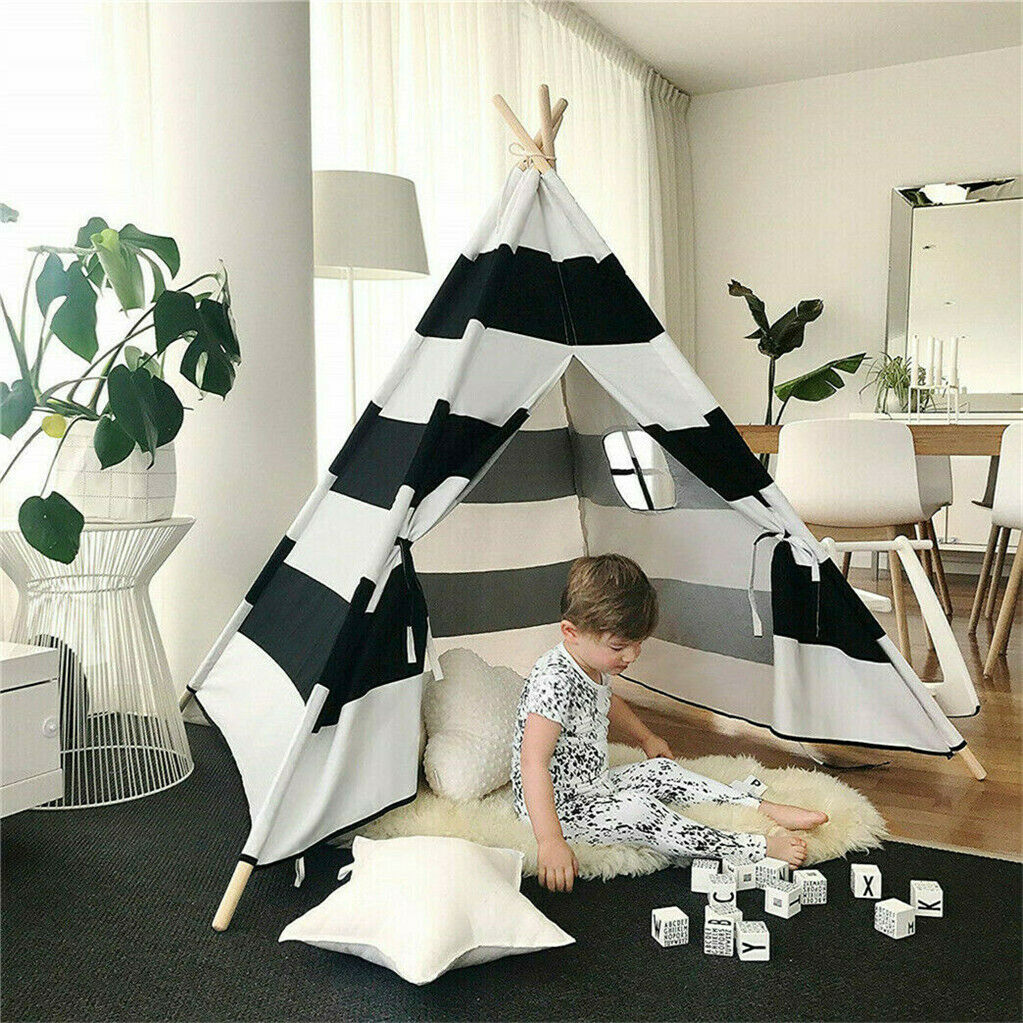 Kids Teepee Tent Linen Playhouse with Black and White Stripes - SuperSaverAU - view 3