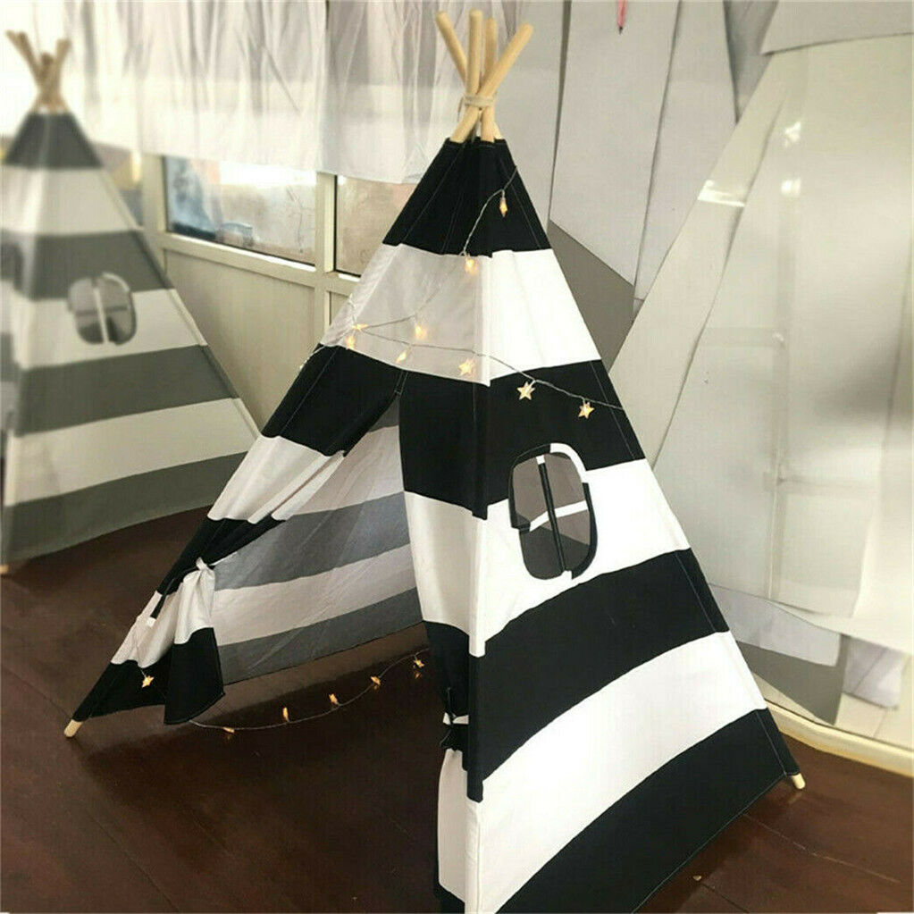Kids Teepee Tent Linen Playhouse with Black and White Stripes - SuperSaverAU - view 4