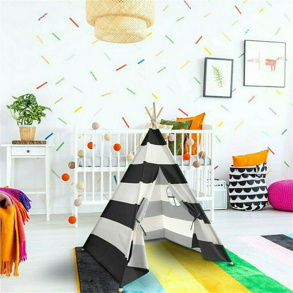 Kids Teepee Tent Linen Playhouse with Black and White Stripes