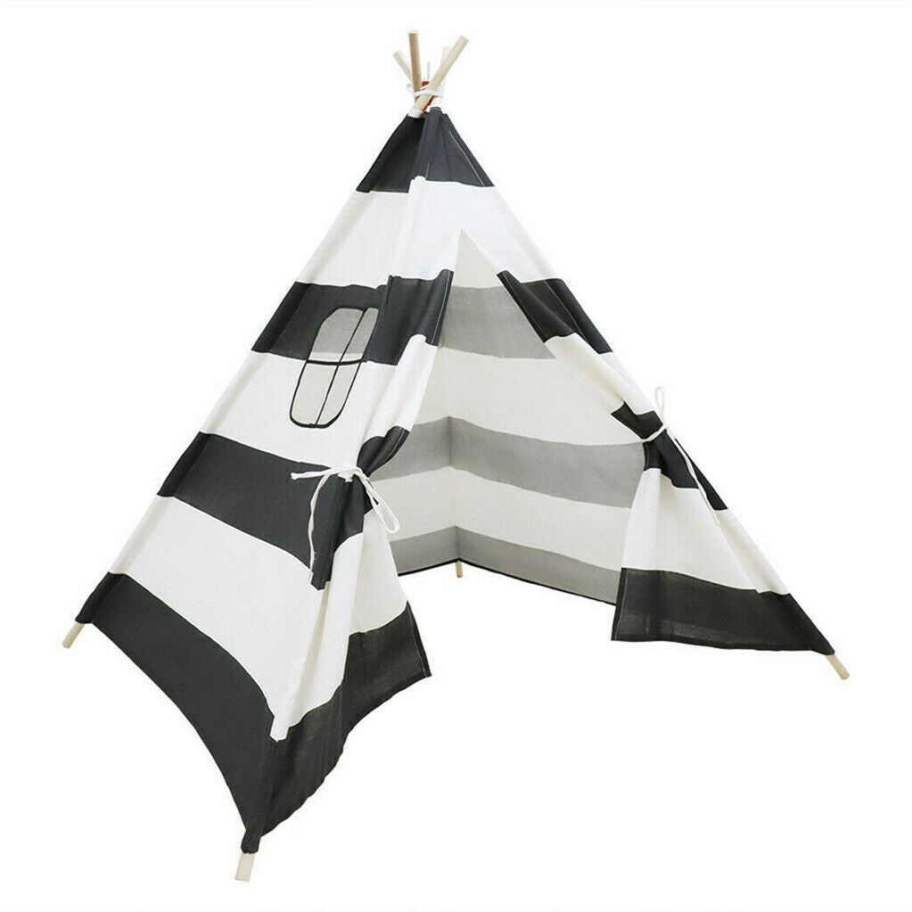 Kids Teepee Tent Linen Playhouse with Black and White Stripes - SuperSaverAU - view 7