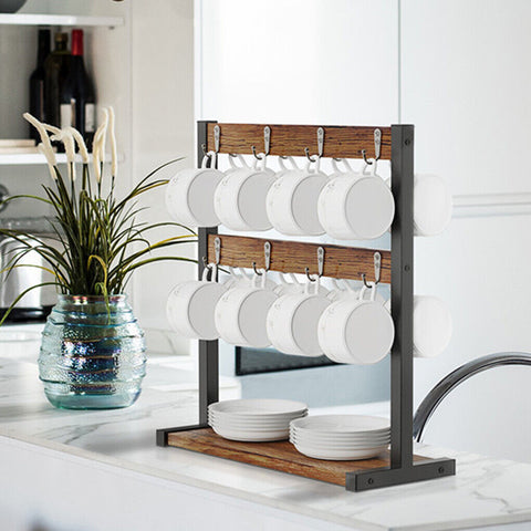 Rustic Minimalist Coffee Mug Holder Stand 43.5cm High, 42cm Wide, 2-Tier Organizer - SuperSaverAU - view 1
