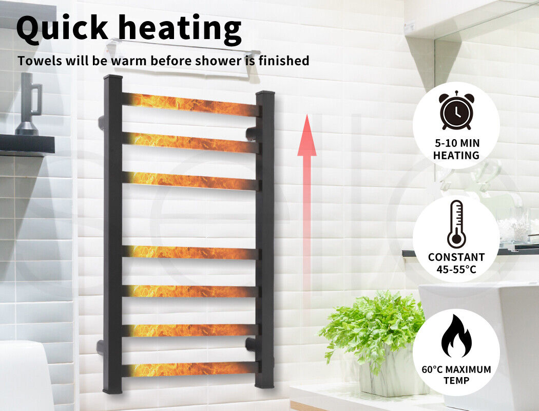 Aluminium Heated Towel Rail 7-Bar Electric Warmer Black 30x30x20 cm - SuperSaverAU - view 3