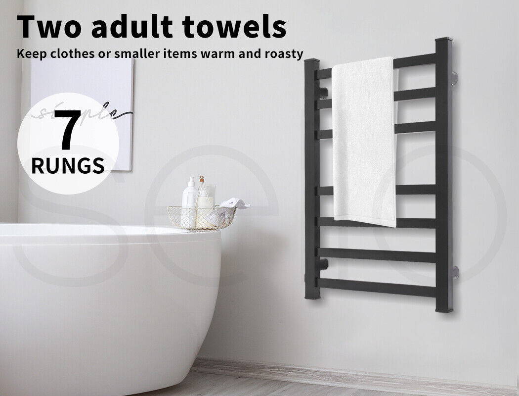 Aluminium Heated Towel Rail 7-Bar Electric Warmer Black 30x30x20 cm - SuperSaverAU - view 7