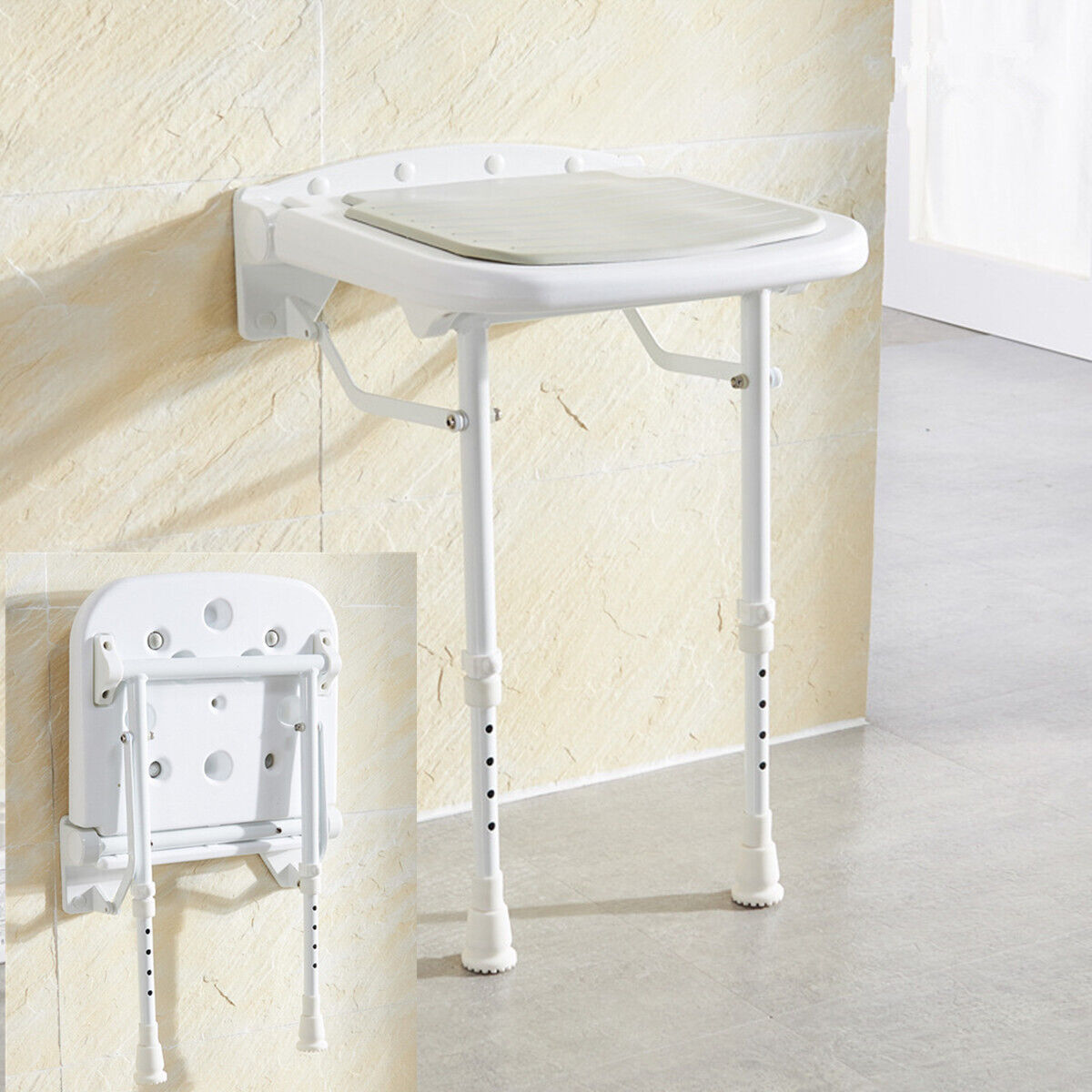 Wall-Mount Foldable Shower Chair, Adjustable, Non-Slip Feet