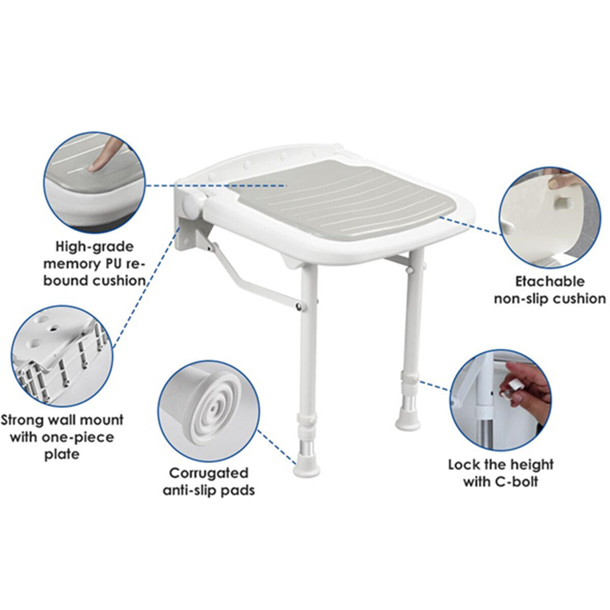 Wall-Mount Foldable Shower Chair, Adjustable, Non-Slip Feet
