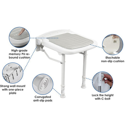 Wall-Mount Foldable Shower Chair, Adjustable, Non-Slip Feet