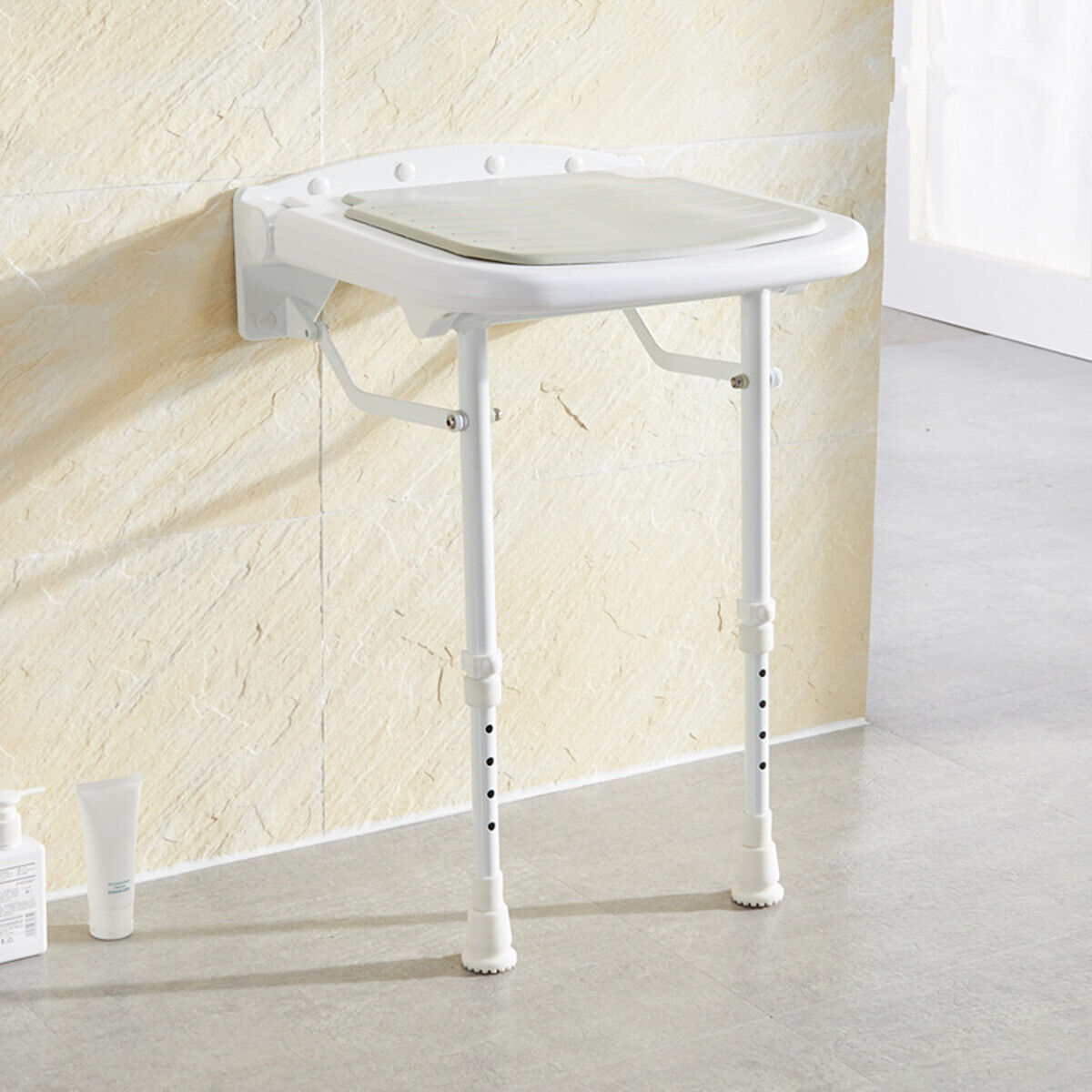 Wall-Mount Foldable Shower Chair, Adjustable, Non-Slip Feet