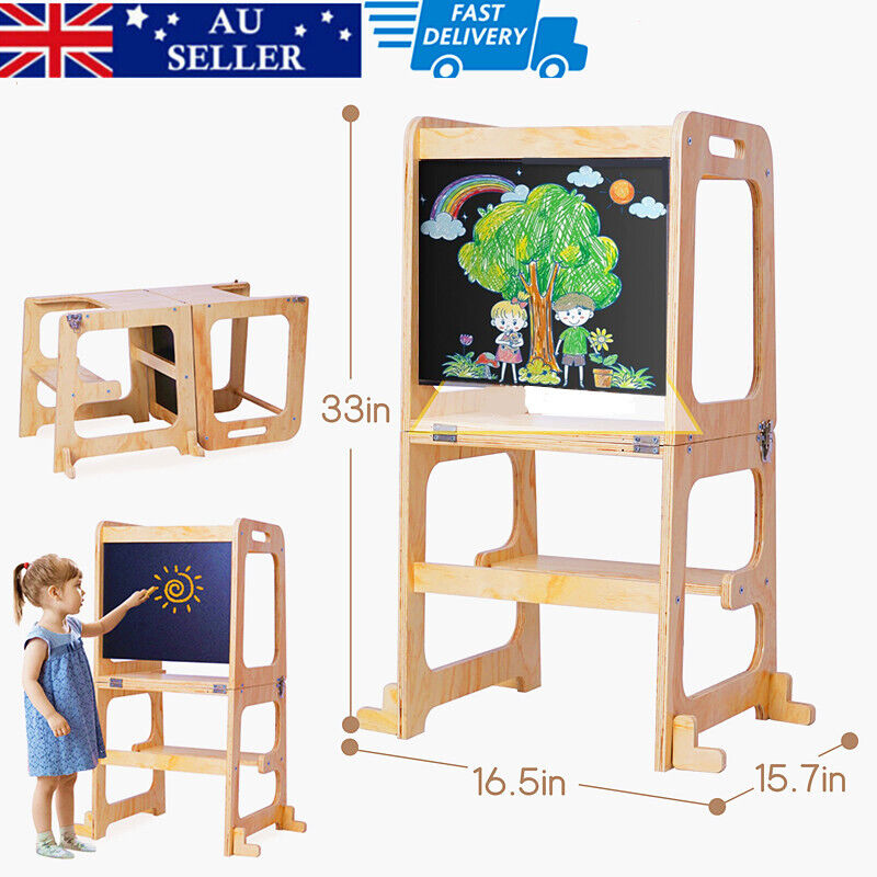 Premium Wooden Toddler Step Stool Learning Tower 3 in 1 Kitchen Safety Helper