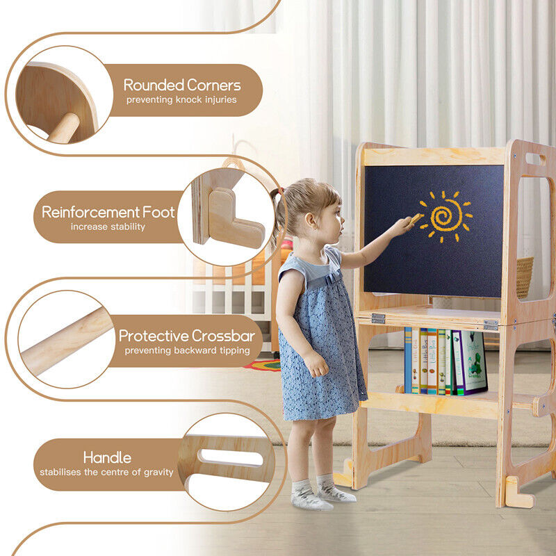 Premium Wooden Toddler Step Stool Learning Tower 3 in 1 Kitchen Safety Helper