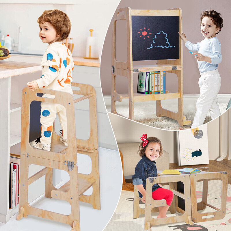 Premium Wooden Toddler Step Stool Learning Tower 3 in 1 Kitchen Safety Helper