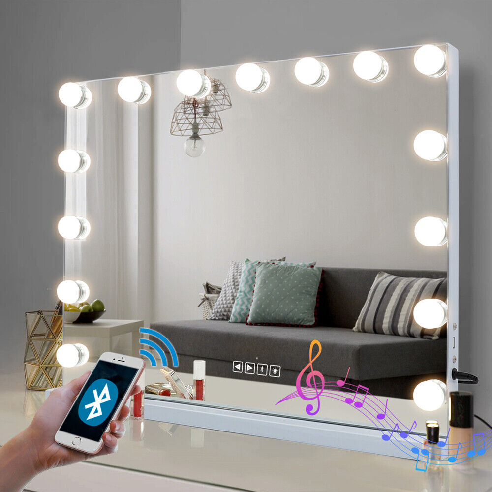 Premium Hollywood LED Vanity Mirror – White & Silver with Bluetooth & USB