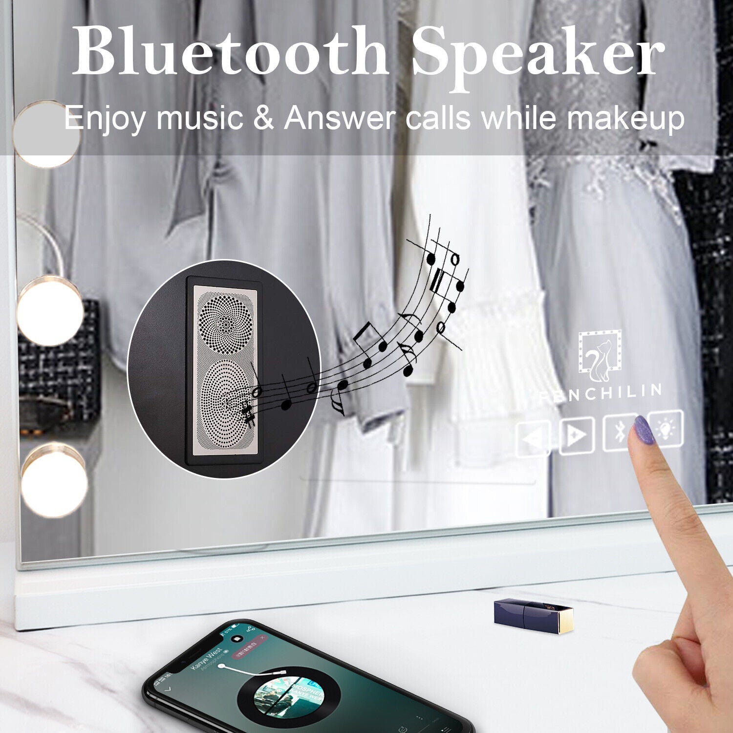 Premium Hollywood LED Vanity Mirror – White & Silver with Bluetooth & USB