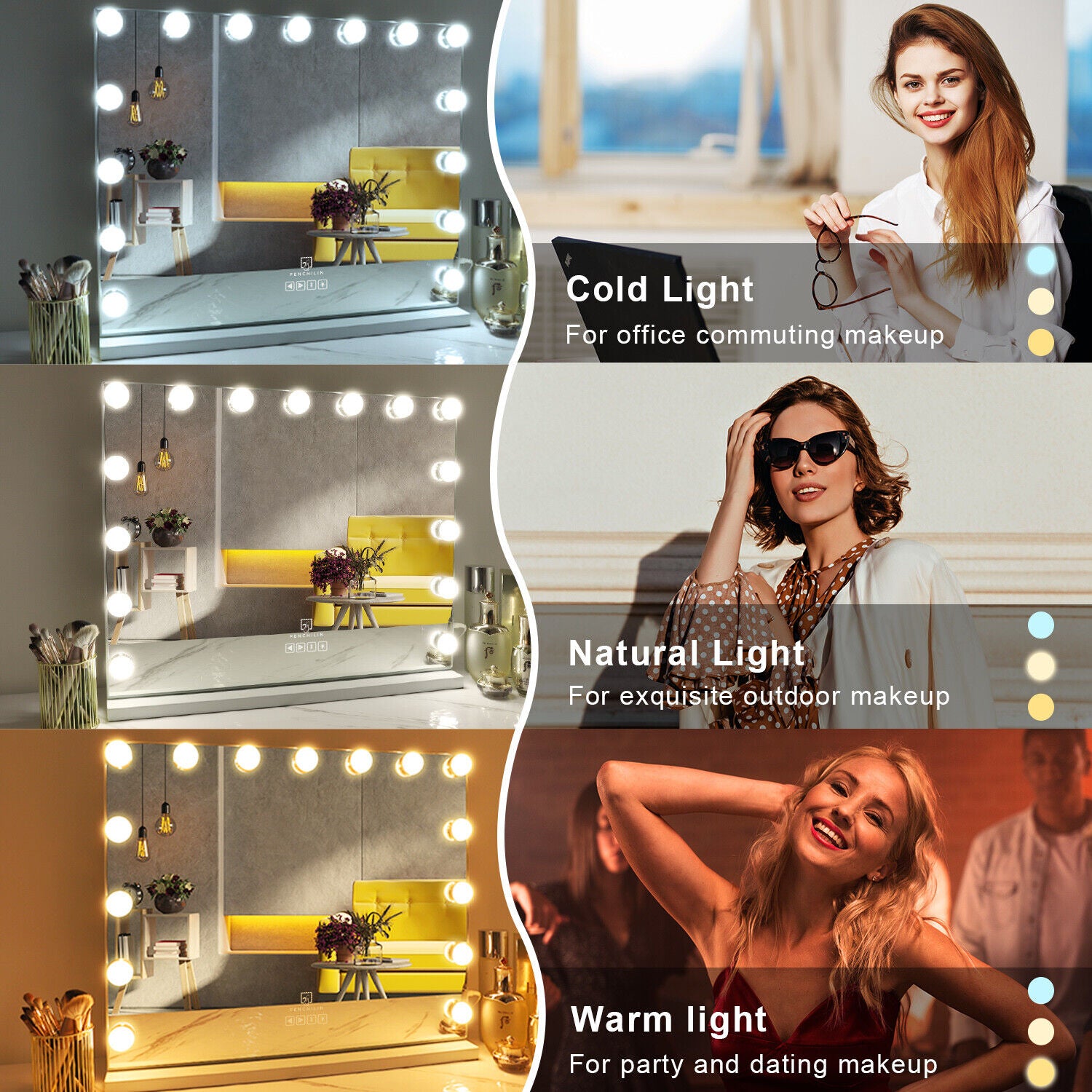Premium Hollywood LED Vanity Mirror – White & Silver with Bluetooth & USB