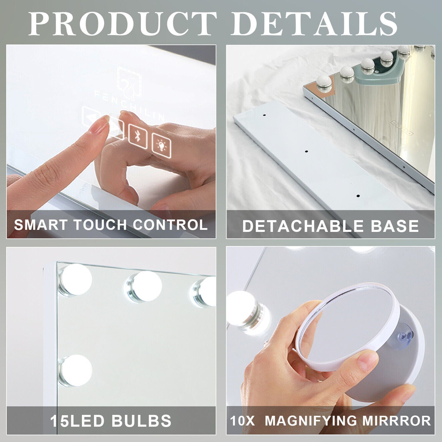 Premium Hollywood LED Vanity Mirror – White & Silver with Bluetooth & USB