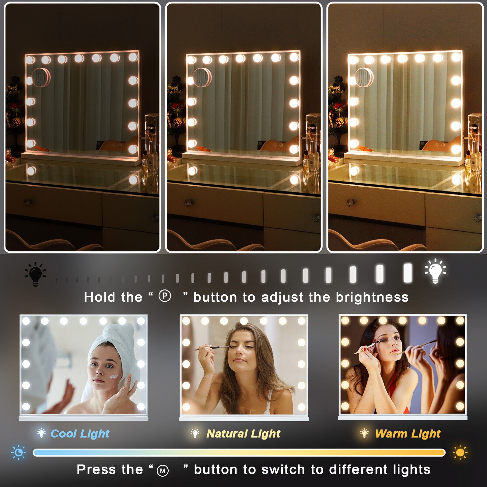 Premium Hollywood LED Vanity Mirror – White & Silver with USB Port