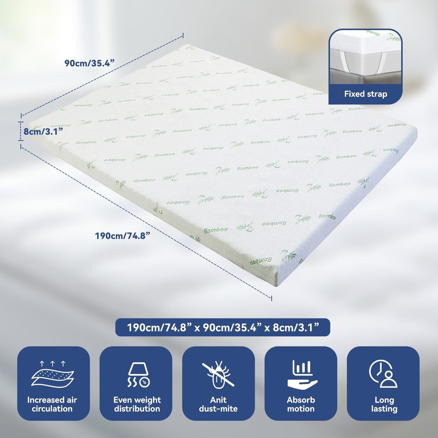 Single Memory Foam Mattress Topper 7-Zone Bamboo Cover
