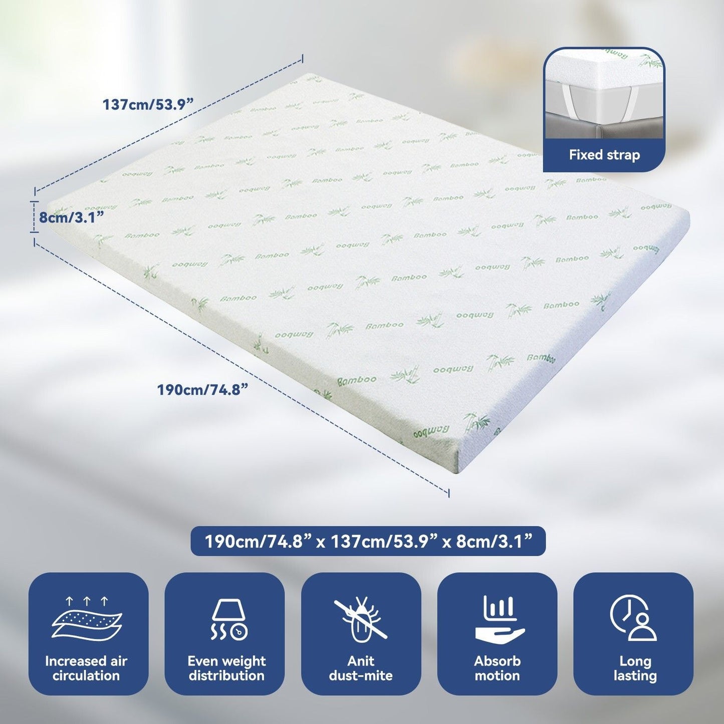 Bamboo Memory Foam Mattress Topper 7-Zone 8cm Double