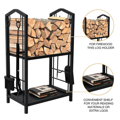 Premium Steel Firewood Rack with 4 Piece Tool Set Large Log Holder 30cm Depth