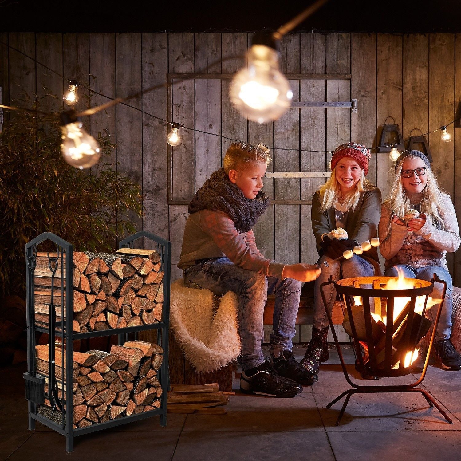 Premium Steel Firewood Rack with 4 Piece Tool Set Large Log Holder 30cm Depth