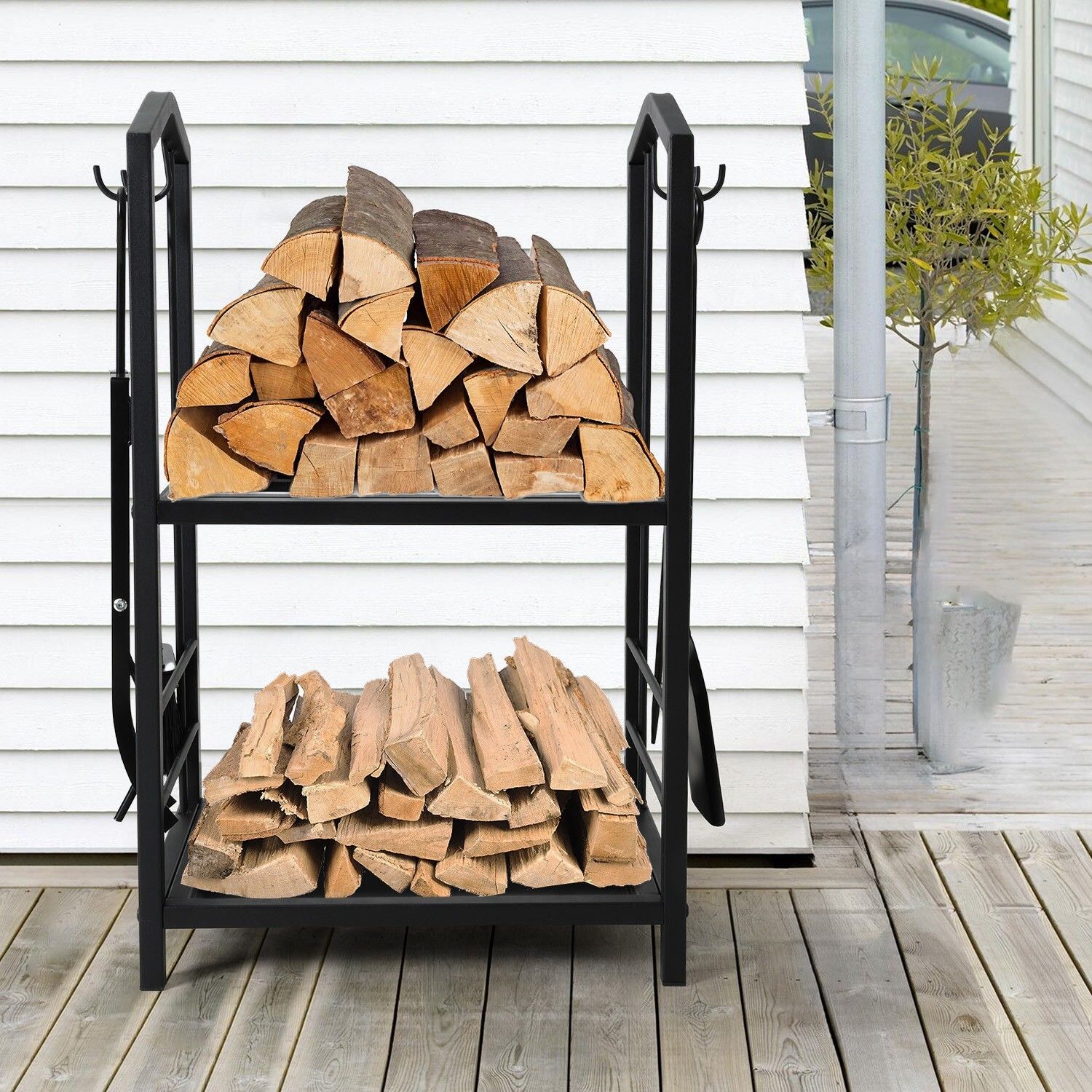 Premium Steel Firewood Rack with 4 Piece Tool Set Large Log Holder 30cm Depth