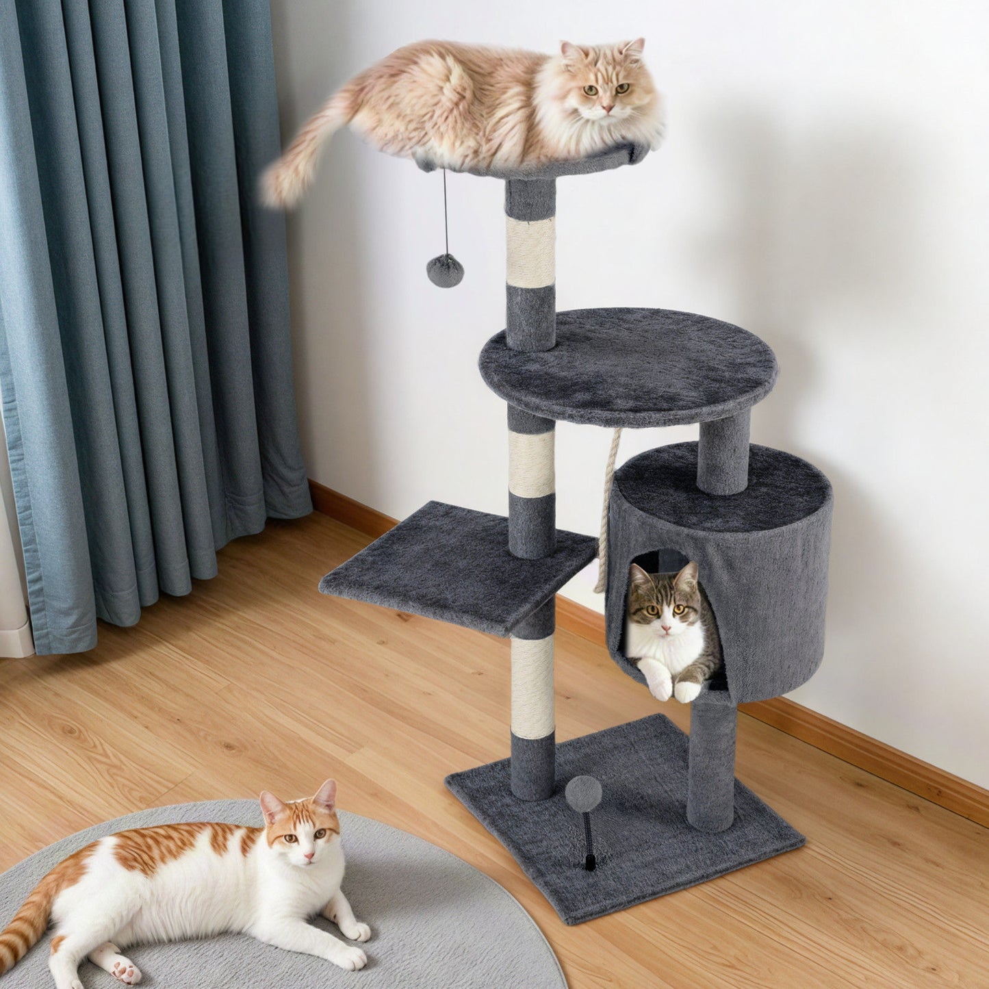Cat Tower Tree Scratching Post Dark Grey Condo 112cm - Multi-Level, Durable, Easy to Clean