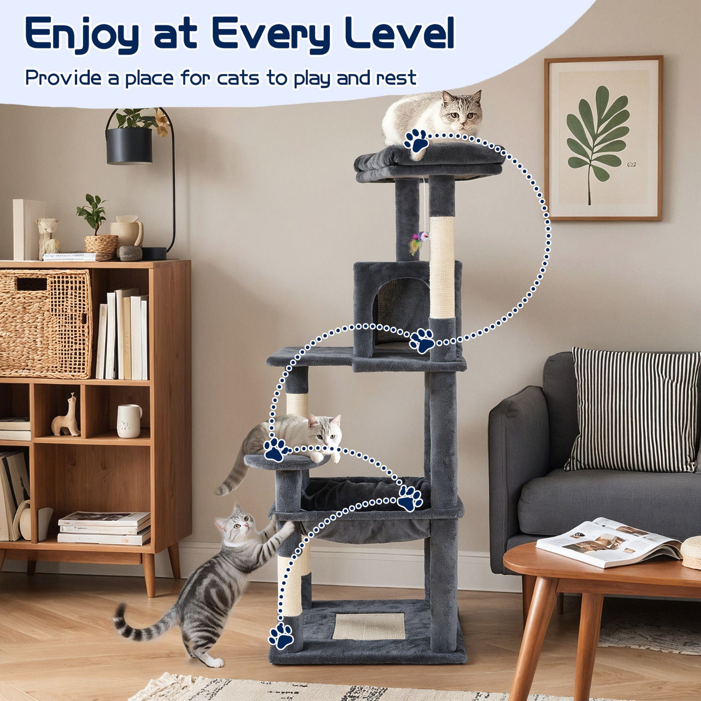 Cat Tower Tree Condo Scratching Post Dark Grey 142cm - Multi-Level, Durable, Cozy