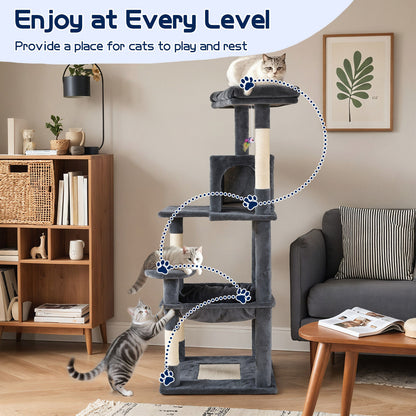 Cat Tower Tree Condo Scratching Post Dark Grey 142cm - Multi-Level, Durable, Cozy