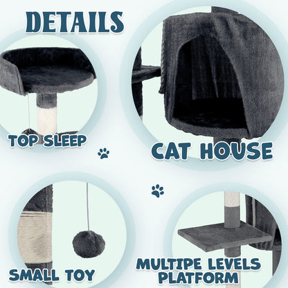 Cat Tower Tree Condo Scratching Post Dark Grey 142cm - Multi-Level, Durable, Cozy