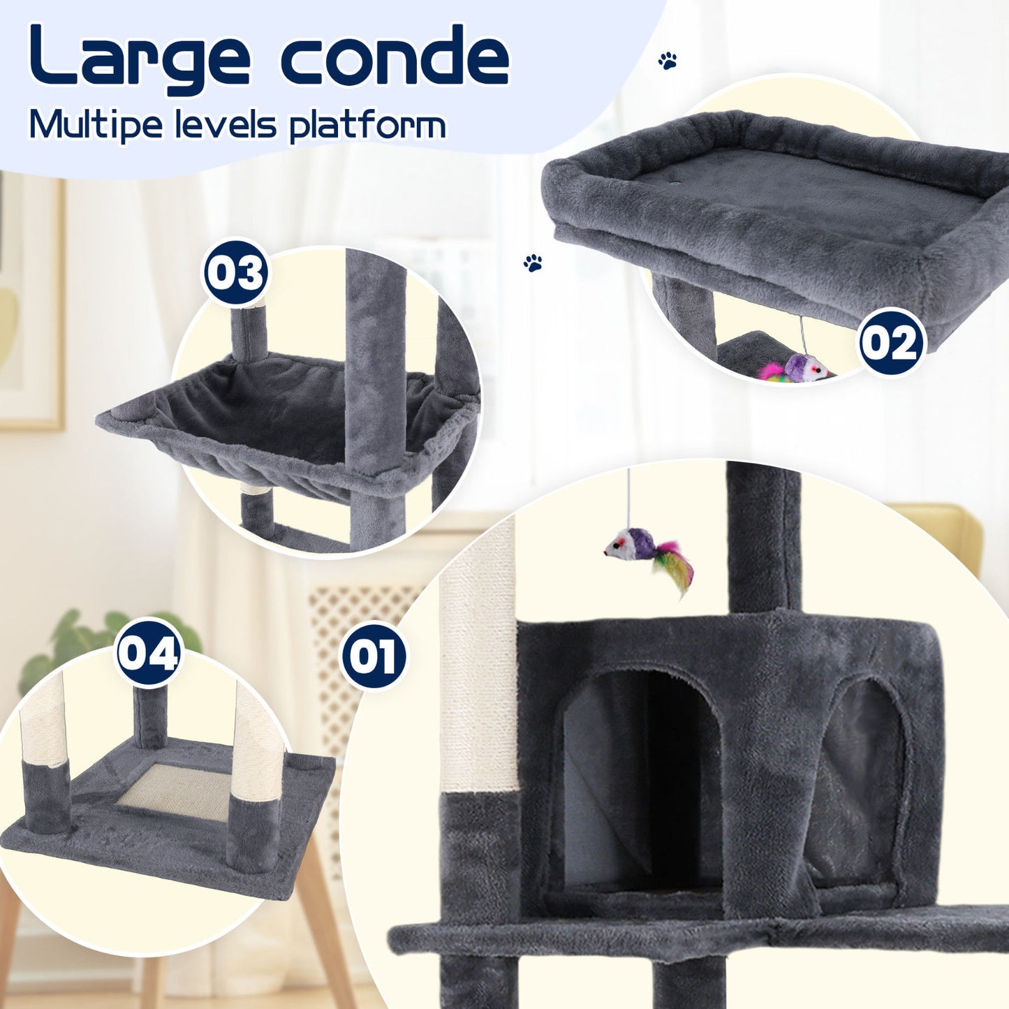 Cat Tower Tree Condo Scratching Post Dark Grey 142cm - Multi-Level, Durable, Cozy