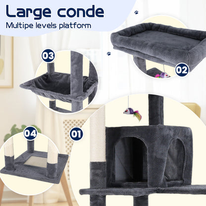 Cat Tower Tree Condo Scratching Post Dark Grey 142cm - Multi-Level, Durable, Cozy