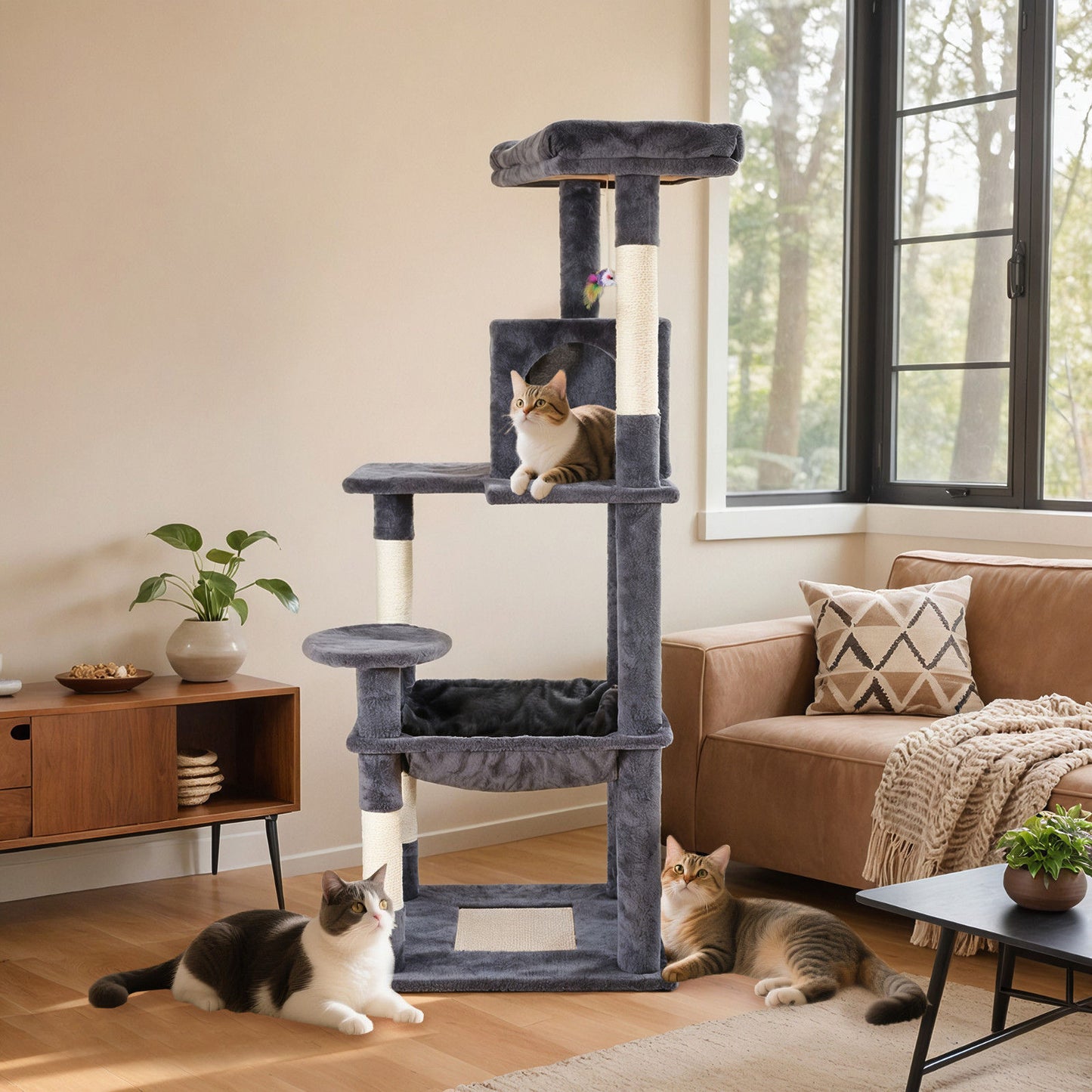 Cat Tower Tree Condo Scratching Post Dark Grey 142cm - Multi-Level, Durable, Cozy