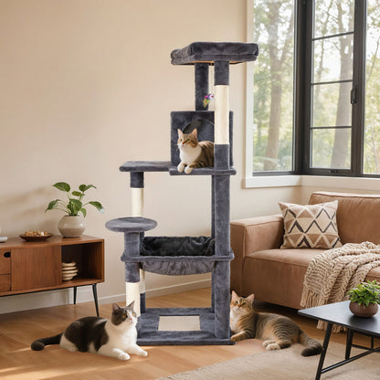 Cat Tower Tree Condo Scratching Post Dark Grey 142cm - Multi-Level, Durable, Cozy