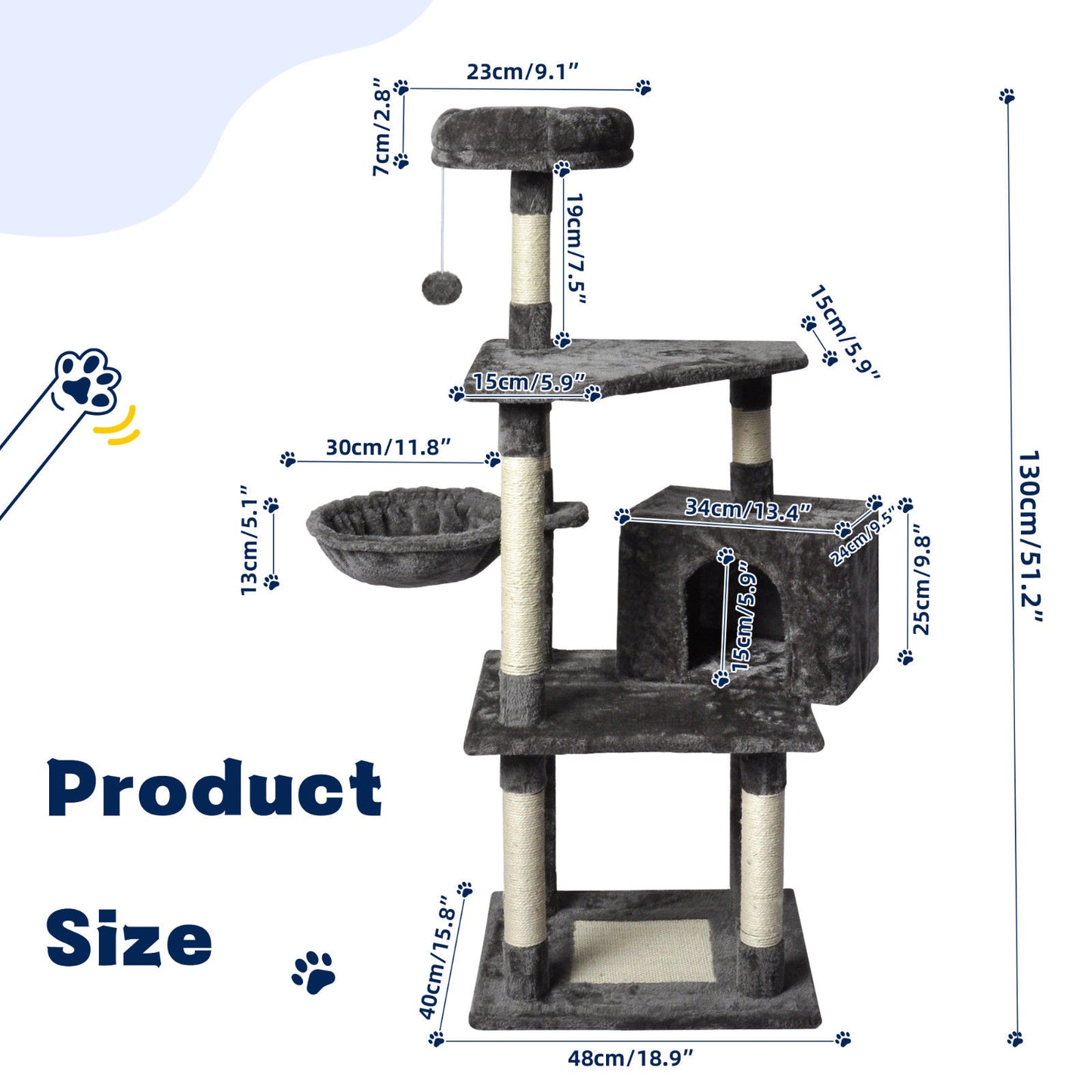 Large Grey Cat Tree Tower Condo 20x15x25 cm with Scratching Post & Bed
