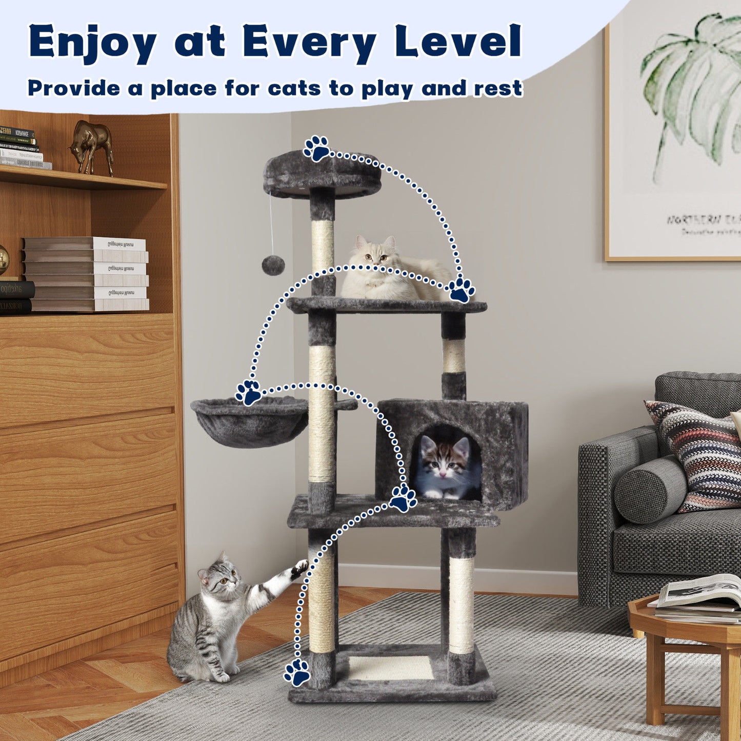 Large Grey Cat Tree Tower Condo 20x15x25 cm with Scratching Post & Bed